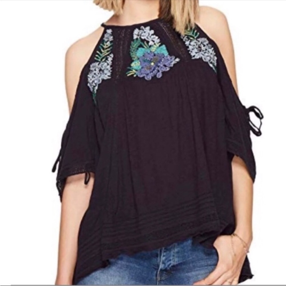 Free People Fast Time Embroidered Cold‎ Shoulder Tunic Navy